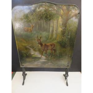 Sheet Metal Fire Screen Painted With A Scene Of Deer In The Forest, Cast Iron Feet, 1900s