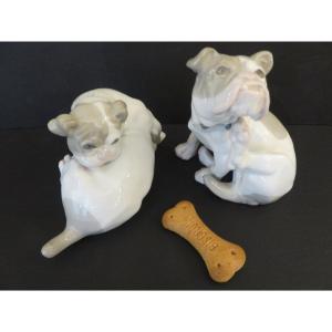 Two Danish Porcelain Bulldogs In The Style Of Erik Nielsen