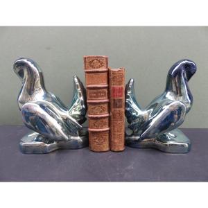 Pair Of Bookends: Turtledoves In Flamed Stoneware From Rambervillers