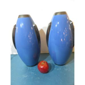 Pair Of Large Vases (ht:36) In Tours Ceramic, Rocket Model, 1930s Pinon Maurice