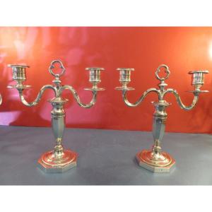 Pair Of Two-light, Convertible Candelabras, In Silver-plated Metal, 20th Century