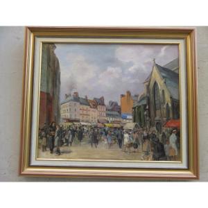 Charles Naillod (1876-1941) Market Place Dalton In Boulogne Sur Mer, Oil On Canvas 20th Century