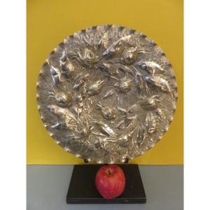 Silver-plated Pewter Dish, Embossed And Hammered In Relief With Fruits, Early 20th Century