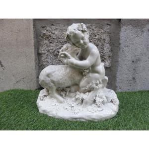 Groupe en porcelaine présentant un petit satyre et un bélier signé Joseph .d' Aste Capodimonte 