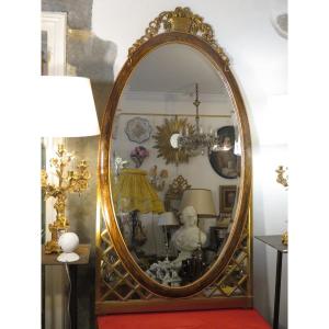 Large Art Deco Period Mirror In Gilded Wood Worked In Braces And Trompe l'Oeil