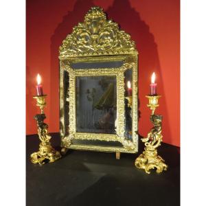 Mirror With Parecloses In Embossed Brass In The Louis XIV Style, XIXth Century