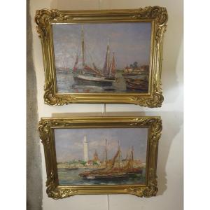 Paire de marines  ( Vendée ) de Jules Ribeaucourt ( 1862- 1932)  huiles sur toile signées