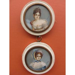 Pair Of Miniatures Painted On Ivory Late 19th Century