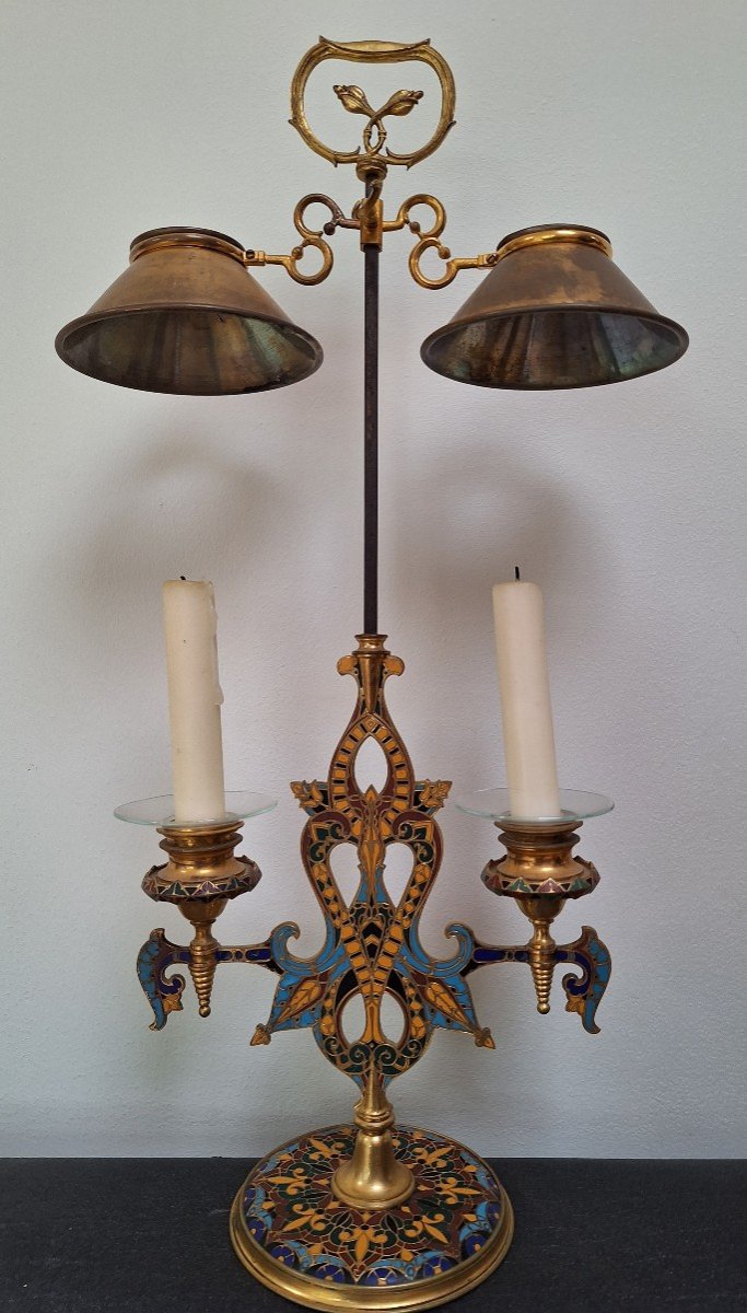 Att. In Barbedienne. Pair Of Cloisonné Gilt Bronze Candlesticks-photo-2