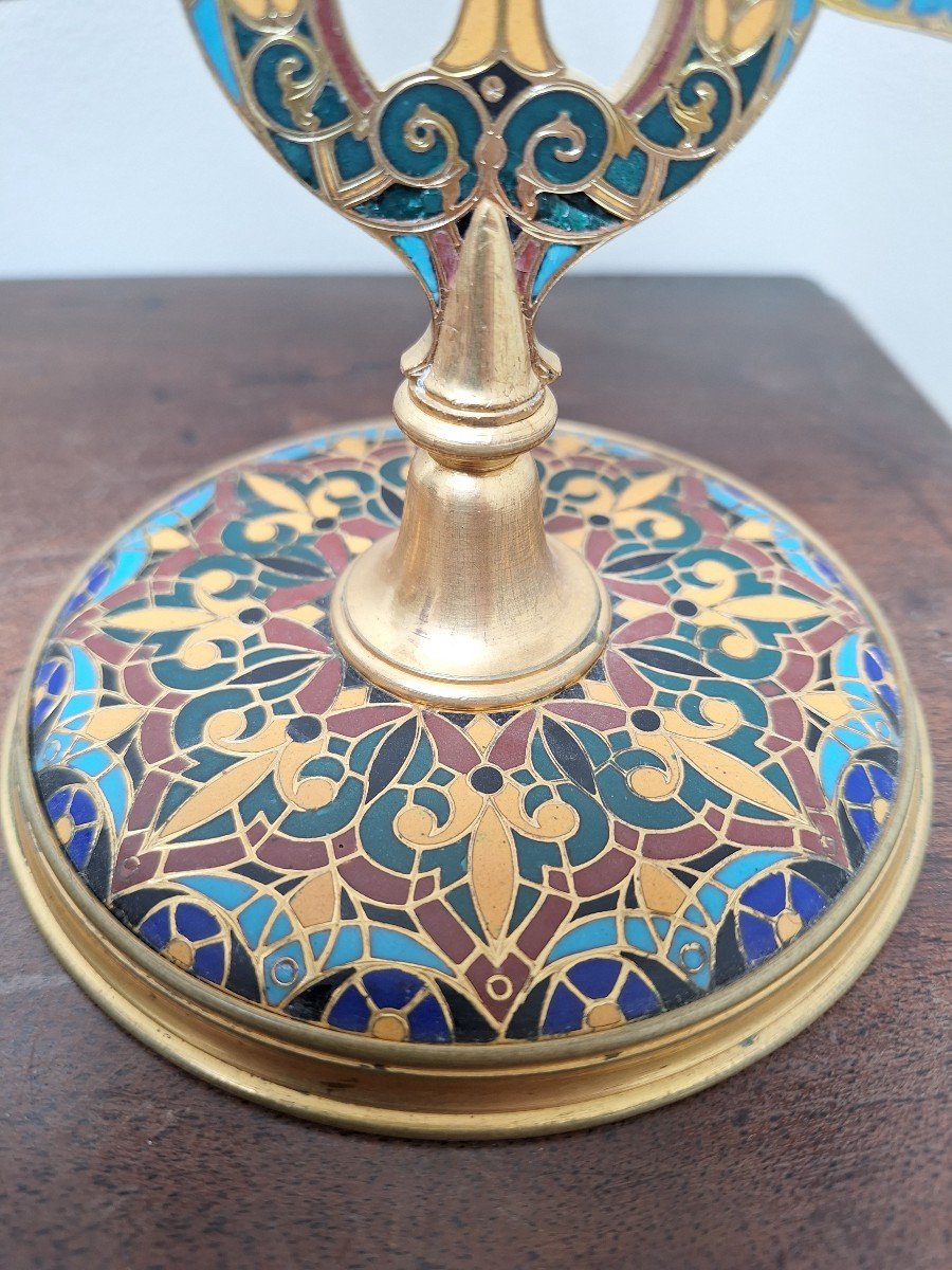 Att. In Barbedienne. Pair Of Cloisonné Gilt Bronze Candlesticks-photo-3