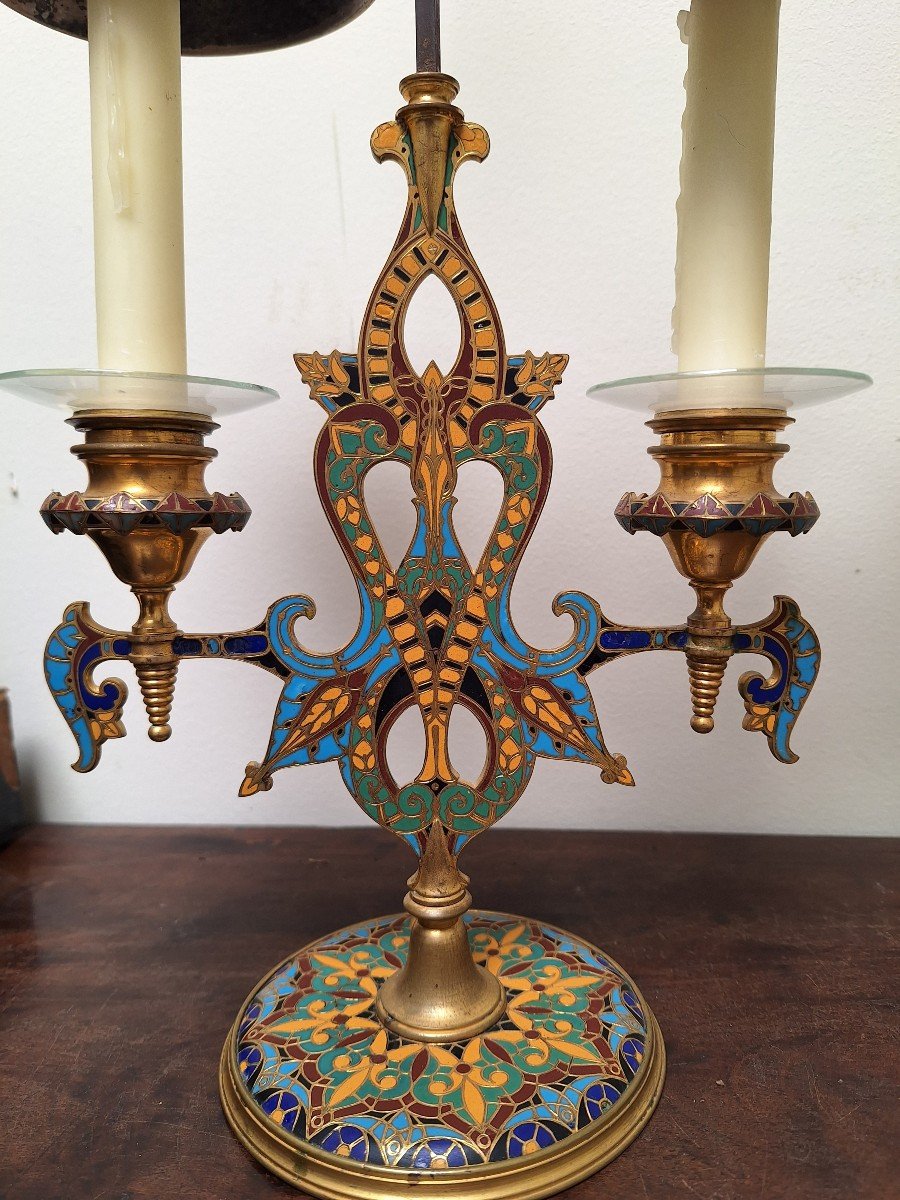 Att. In Barbedienne. Pair Of Cloisonné Gilt Bronze Candlesticks-photo-4