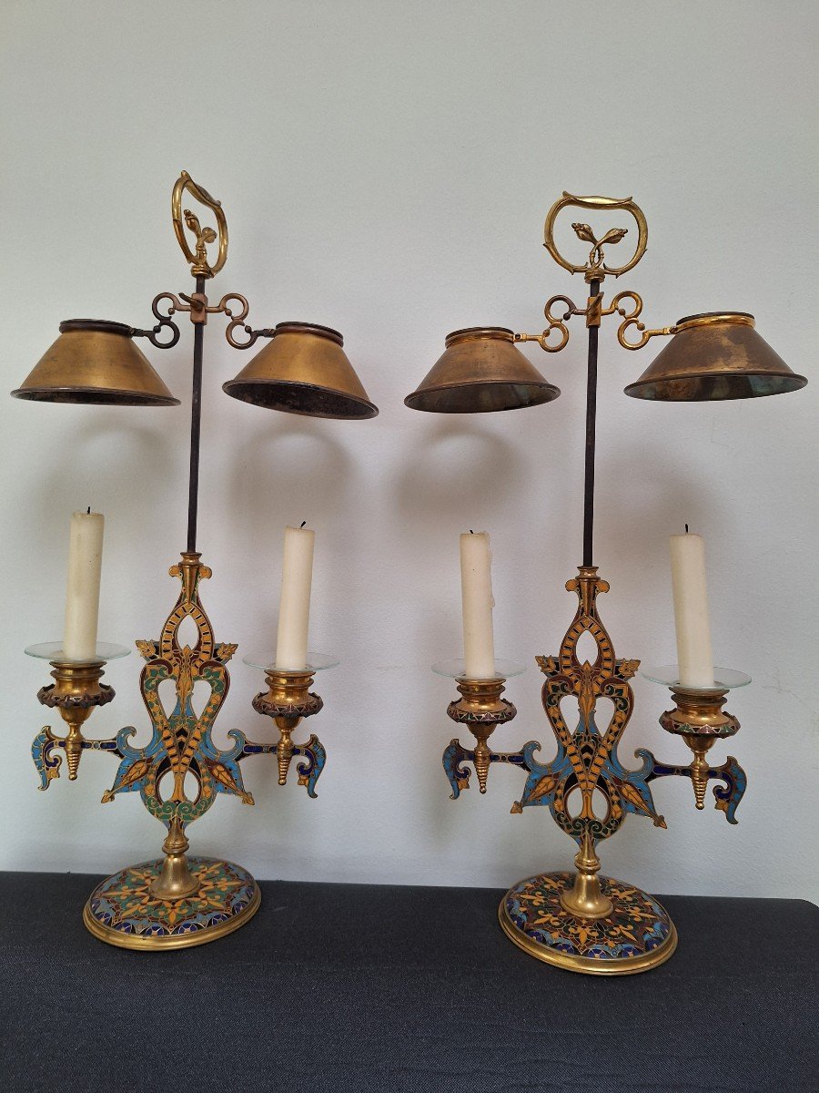 Att. In Barbedienne. Pair Of Cloisonné Gilt Bronze Candlesticks