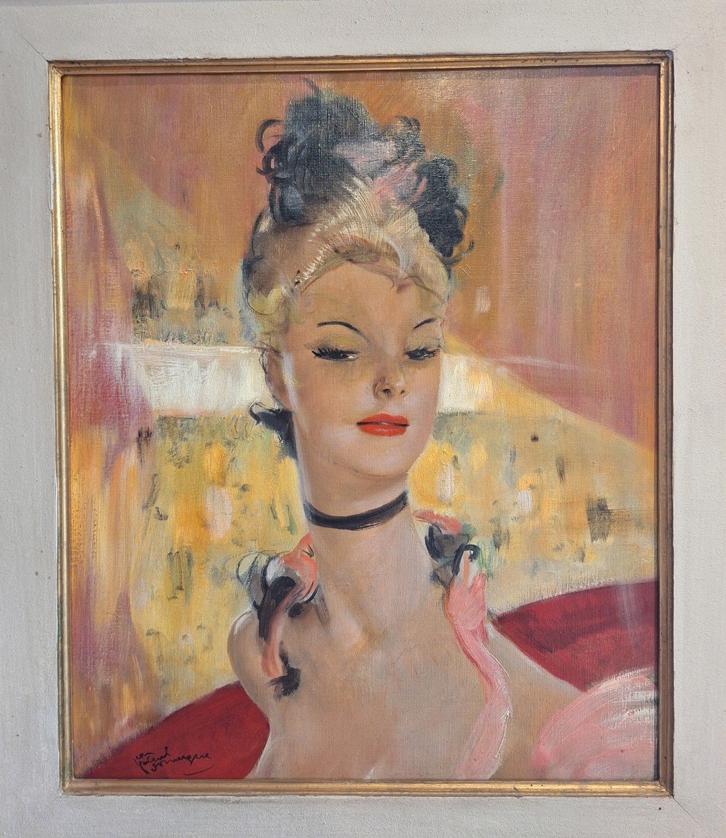 Domergue Jean Gabriel: Oil On Canvas: Elegant At The Opera -photo-3