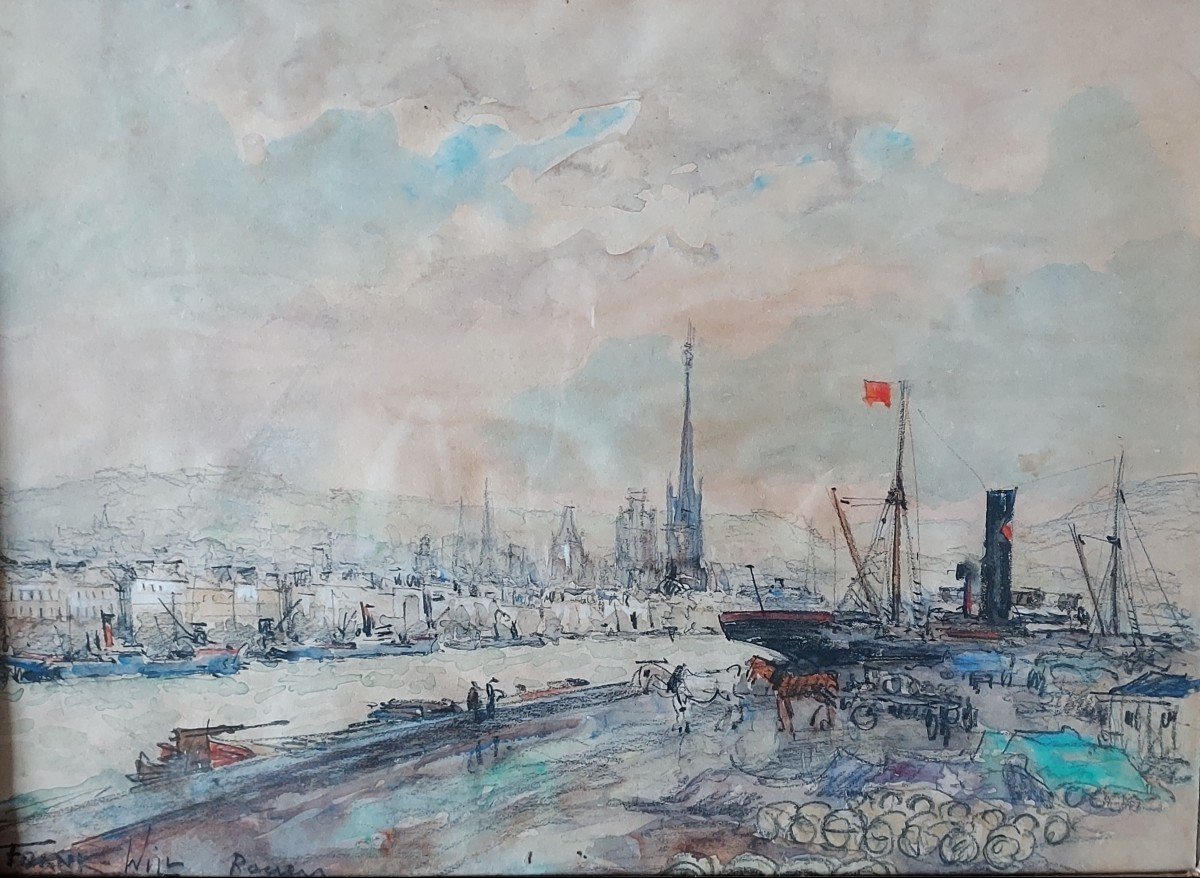 Franck Will "view Of Rouen" Watercolor Signed, Located -photo-3