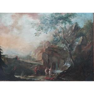 Large Oil On Canvas-italy 18th "animated Landscape At The Waterfall"