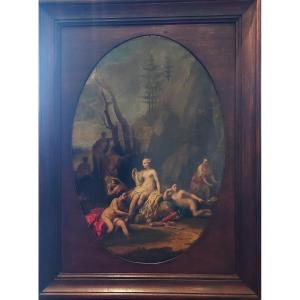 "diane Au Bain" Large Oil On Canvas 18th Century 