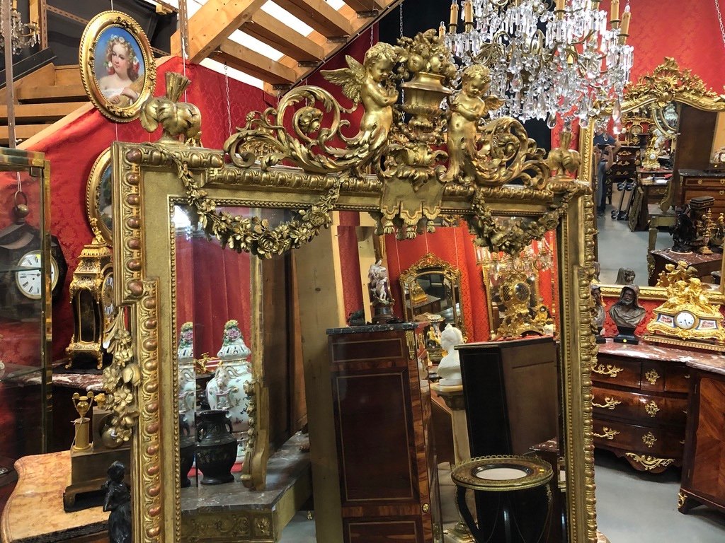 Mirror In Wood And Golden Stucco Decorated With Cupids, H/2m-photo-4
