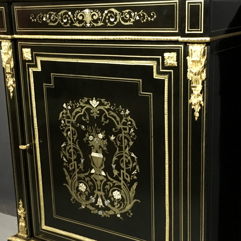 Support Sideboard In Blackened Wood And Inlays Of Brass, Nacre And Ivory, Nineteenth Time-photo-3