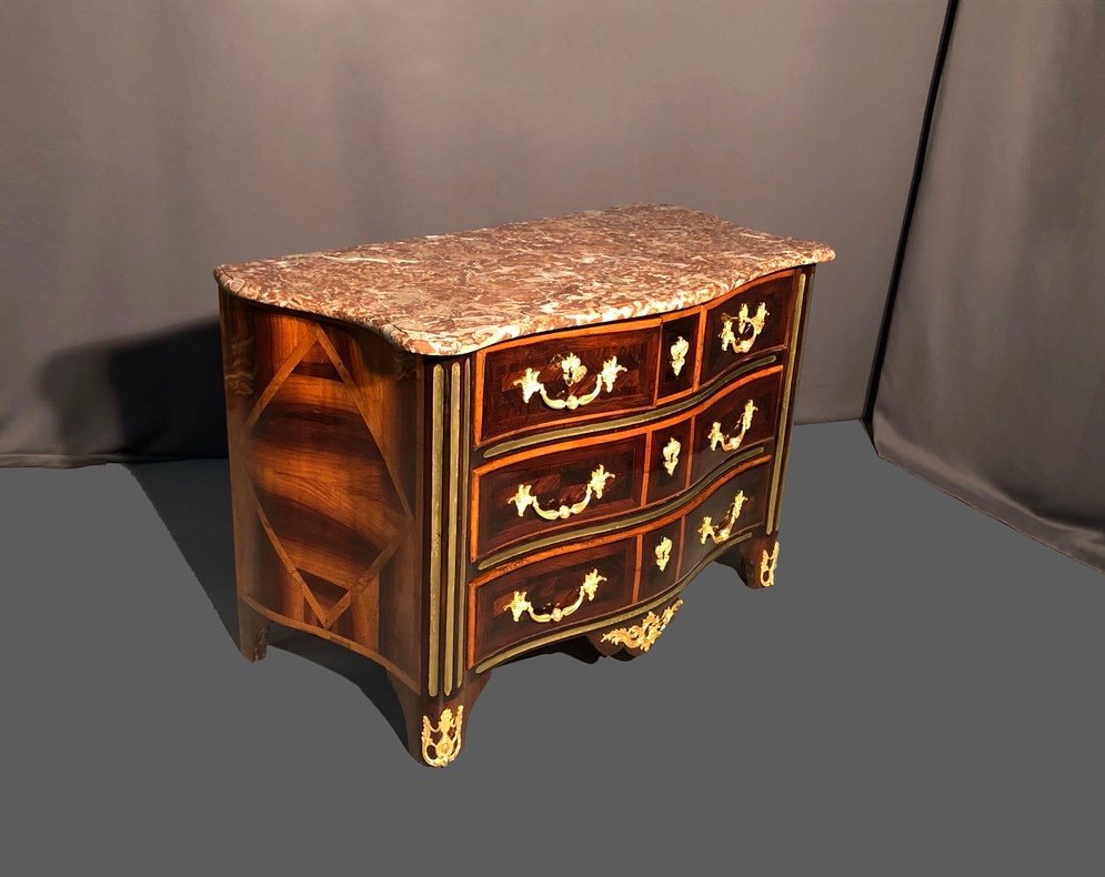 Louis XIV Commode In Marquetry, With Copper Rush, Marble Top, Eighteenth Time-photo-1
