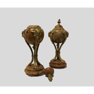 Pair Of Covered Pots In Siena Marble