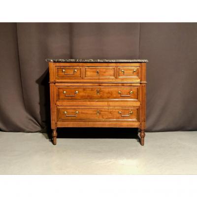 Small Louis XVI Commode In Walnut, Decor Quarter Brass Round