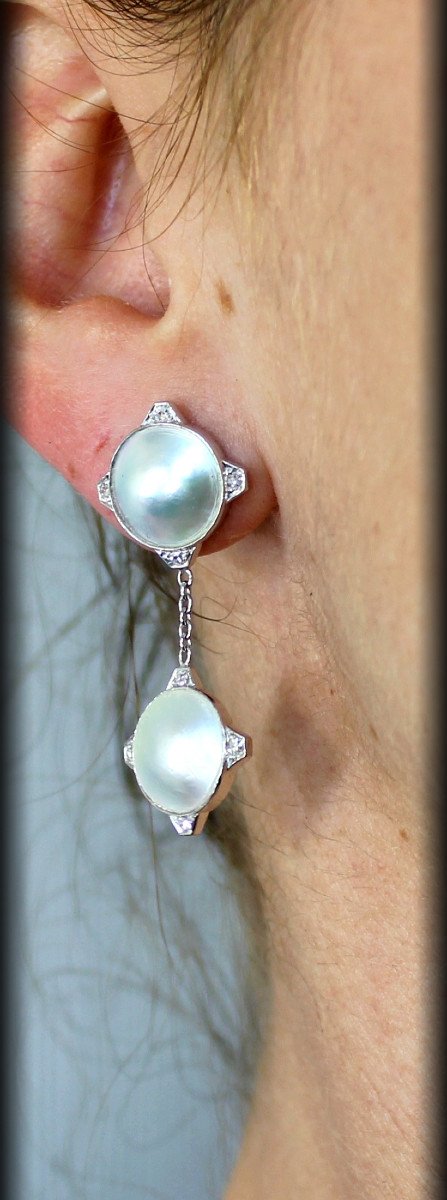 Gold And Platinum Earrings - Pearls And Diamonds - Length 4 Cm-photo-4