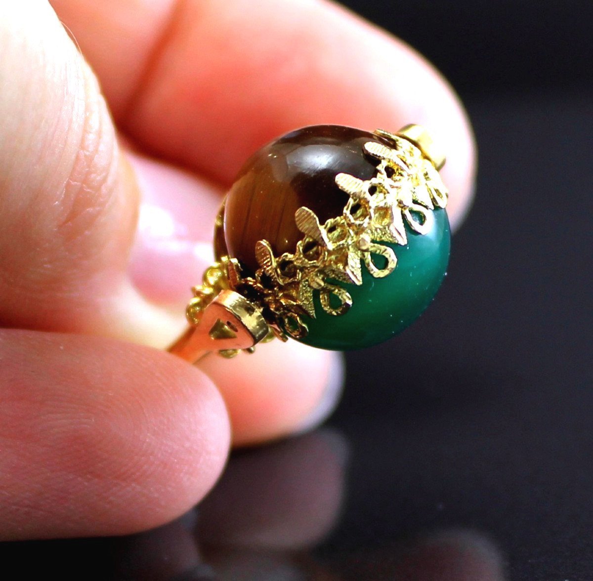 Rotating Gold Ring - Tiger Eye Or Green Agate-photo-3