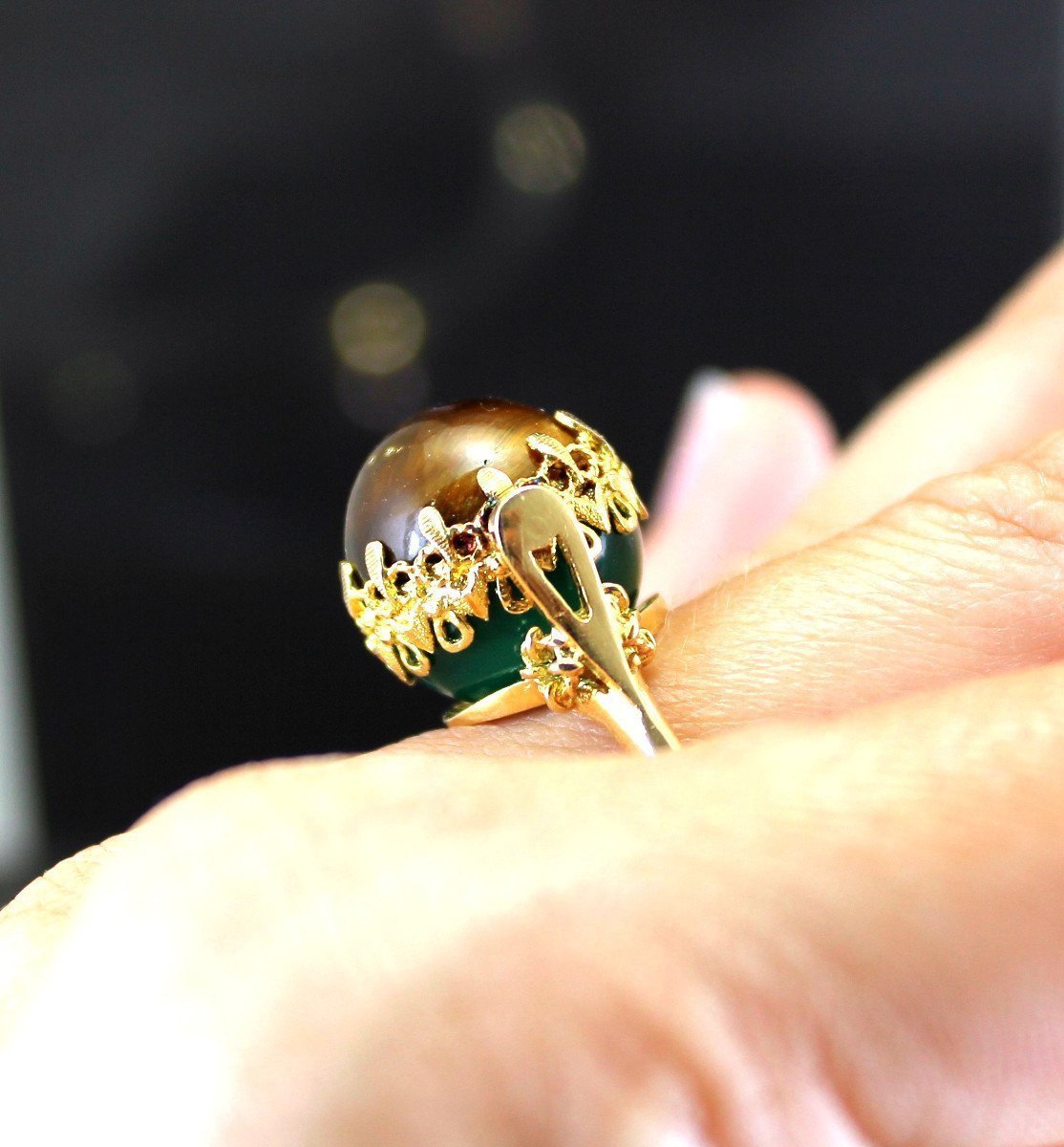 Rotating Gold Ring - Tiger Eye Or Green Agate-photo-4