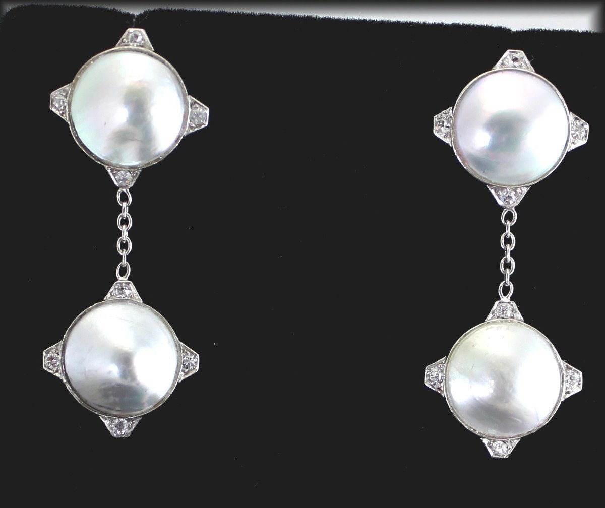 Boucles Or Et Platine - Perle Mabé- Diamants -longueur 4 Cm-photo-2