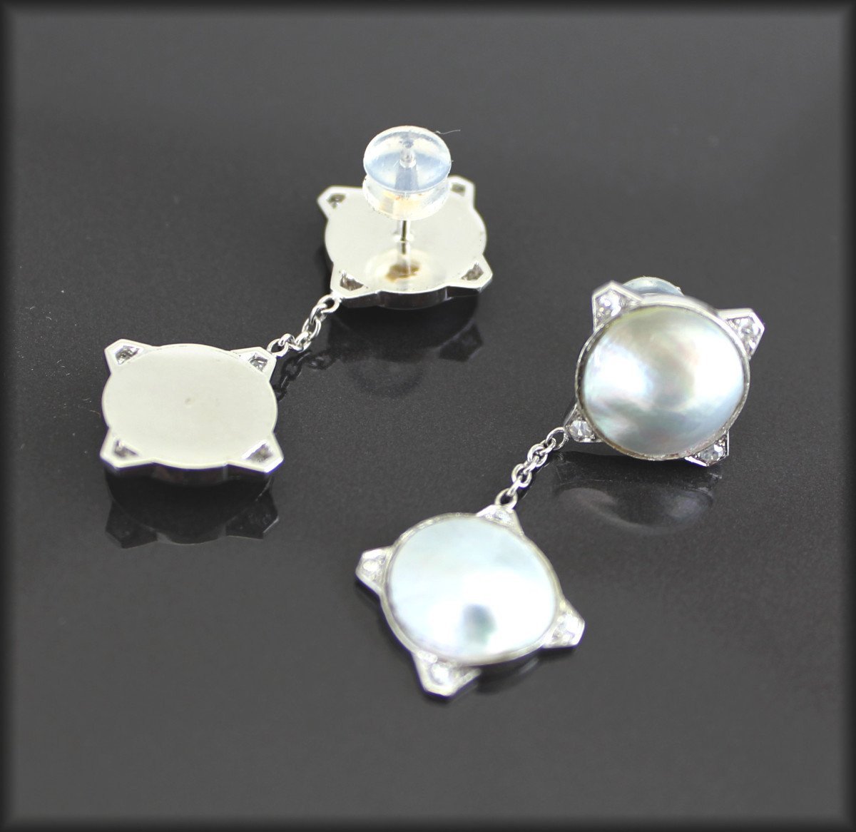 Boucles Or Et Platine - Perle Mabé- Diamants -longueur 4 Cm-photo-3