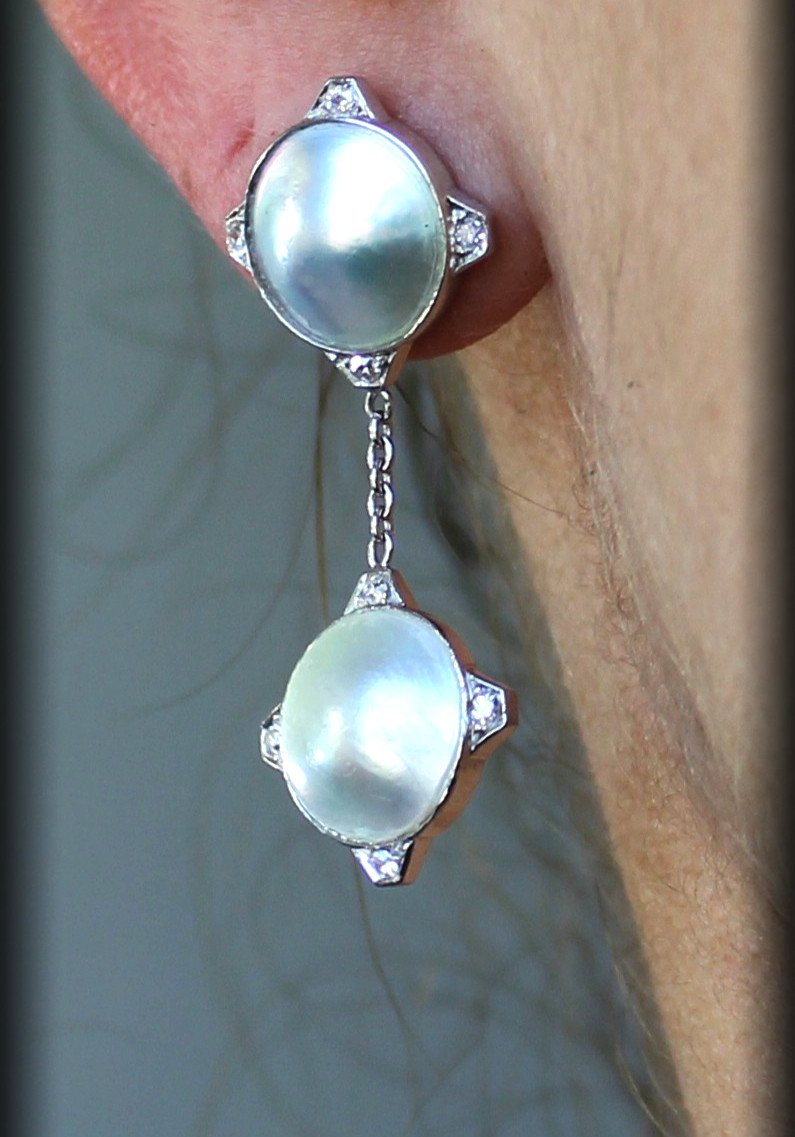 Boucles Or Et Platine - Perle Mabé- Diamants -longueur 4 Cm