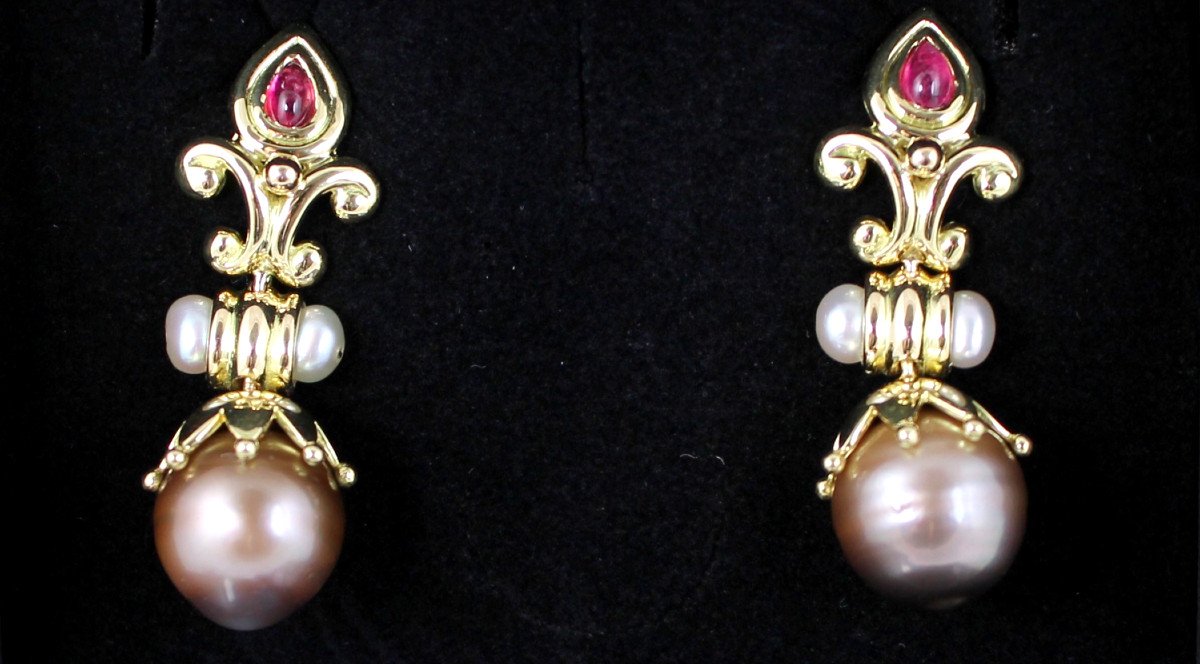 Gold, Tourmaline And Cultured Pearl Earrings-photo-2