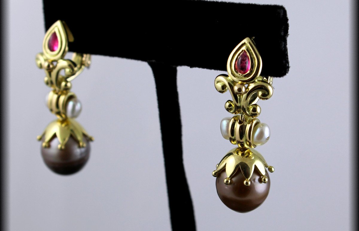 Gold, Tourmaline And Cultured Pearl Earrings-photo-3