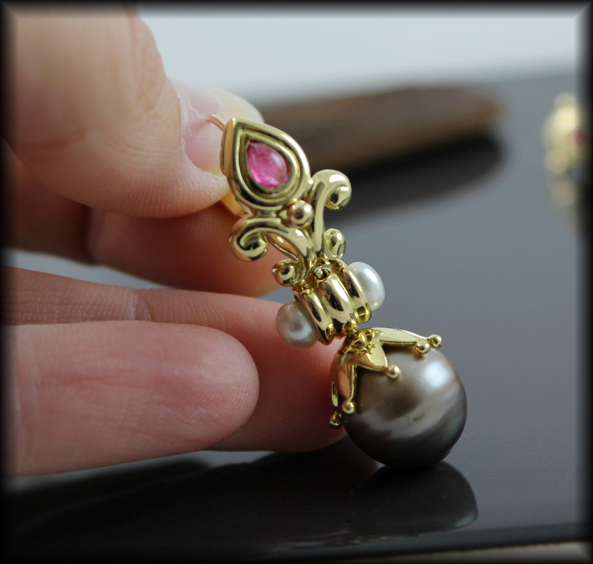 Gold, Tourmaline And Cultured Pearl Earrings-photo-3