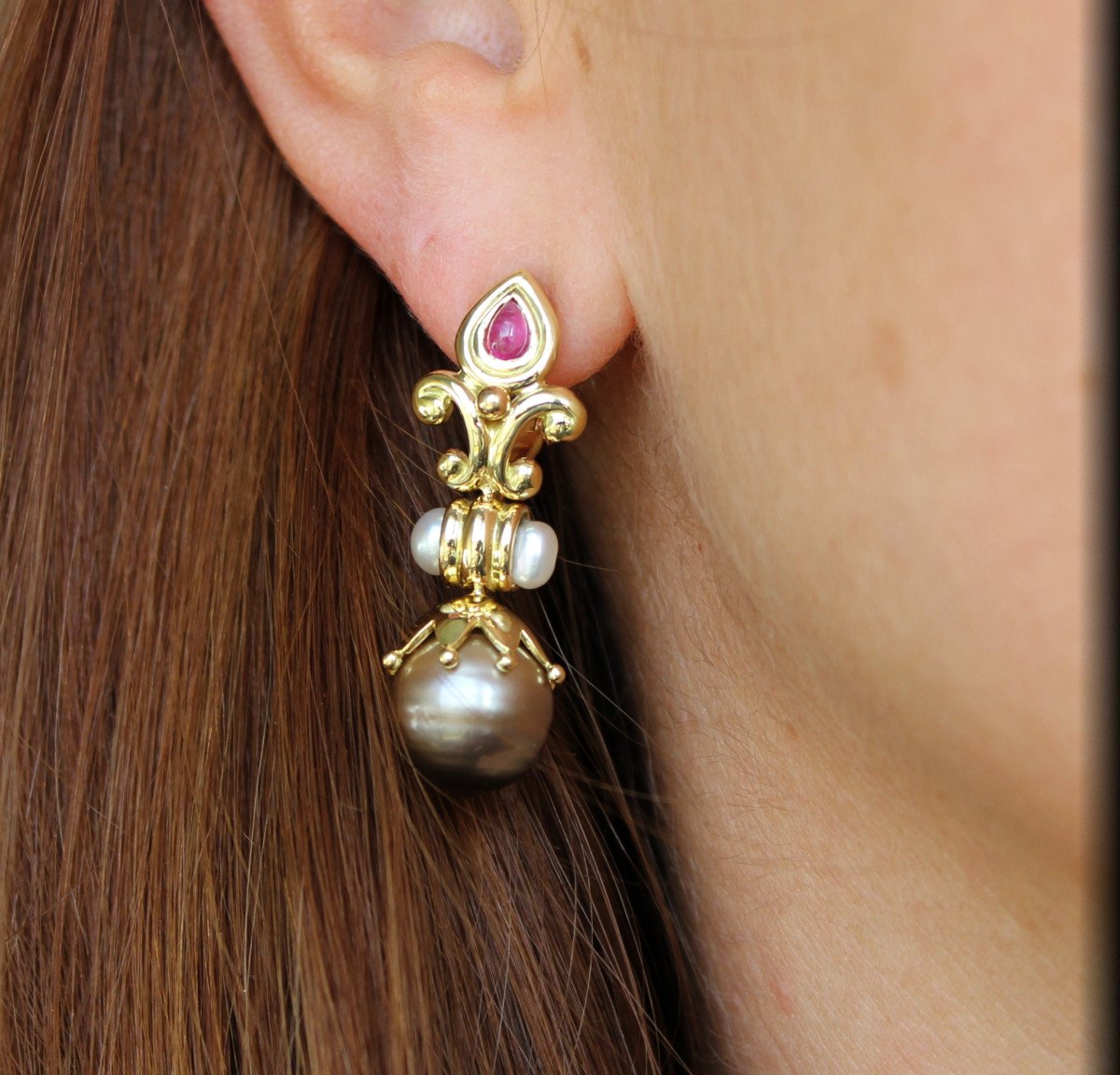 Gold, Tourmaline And Cultured Pearl Earrings-photo-4