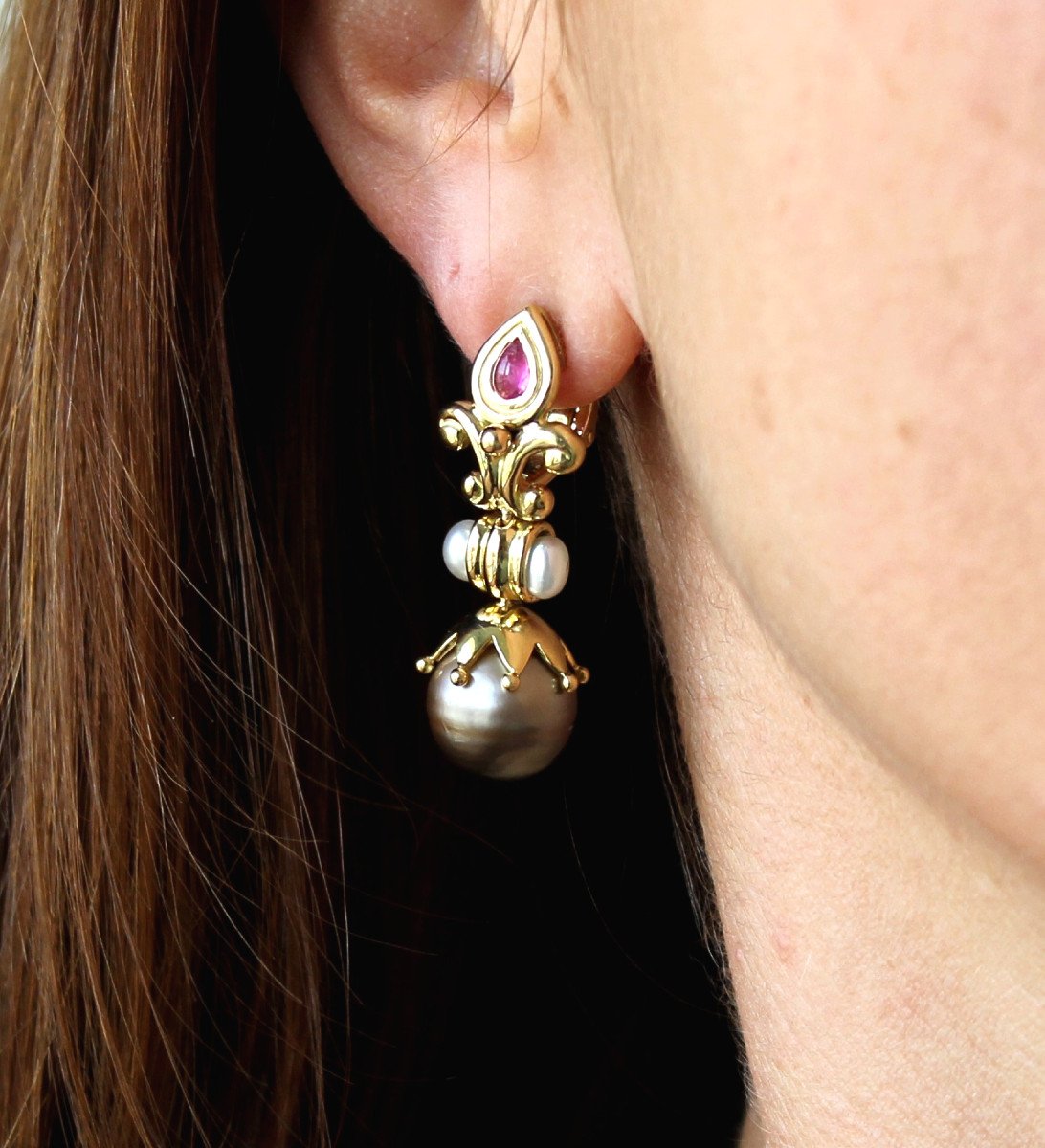 Gold, Tourmaline And Cultured Pearl Earrings-photo-5