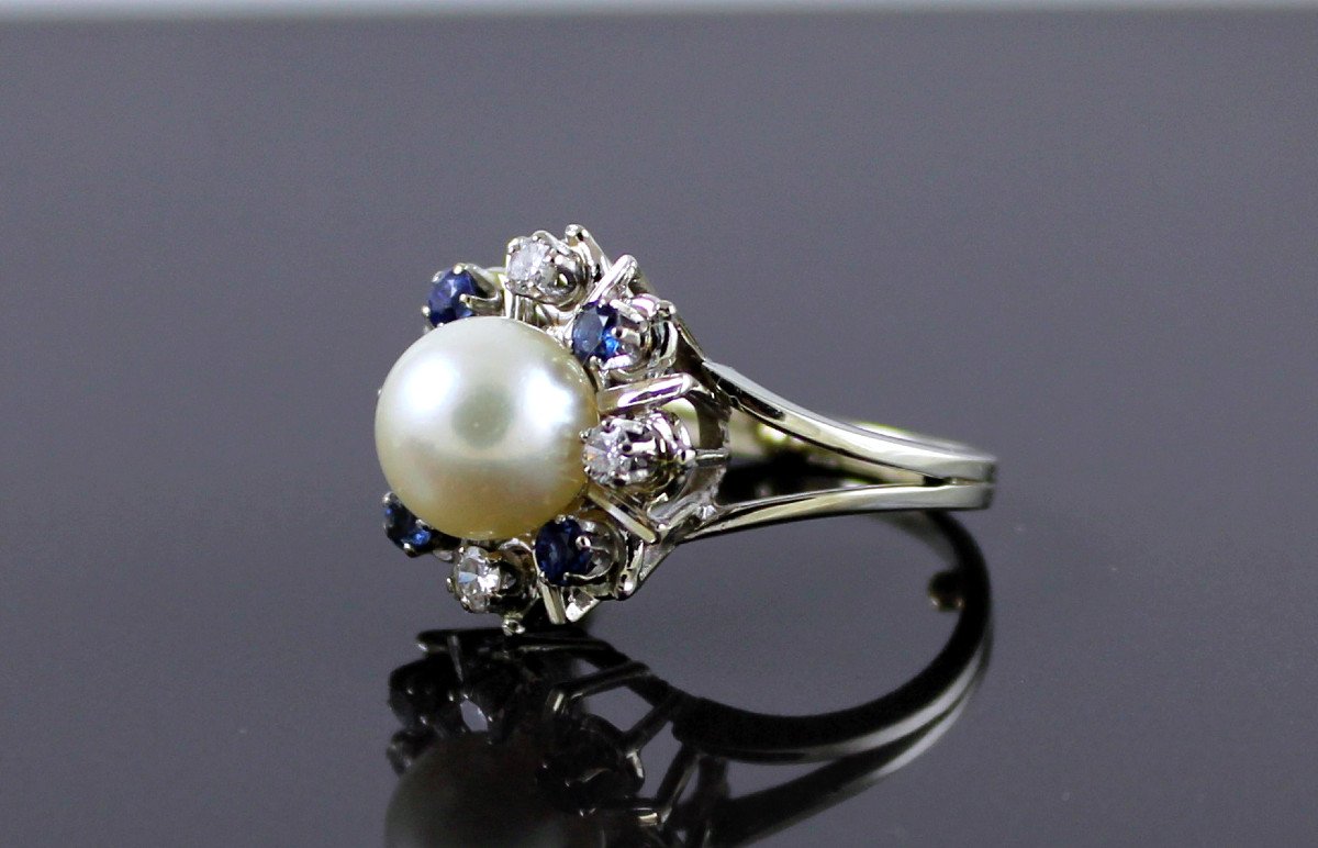 Gold, Sapphires, Diamonds And Akoya Cultured Pearl Ring-photo-2