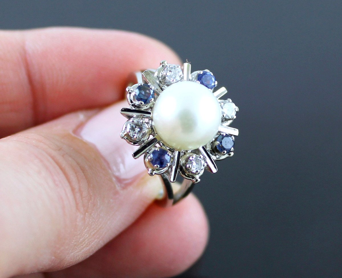 Gold, Sapphires, Diamonds And Akoya Cultured Pearl Ring-photo-1