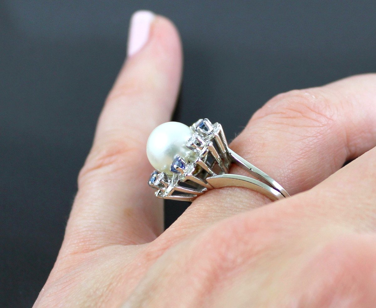 Gold, Sapphires, Diamonds And Akoya Cultured Pearl Ring-photo-3