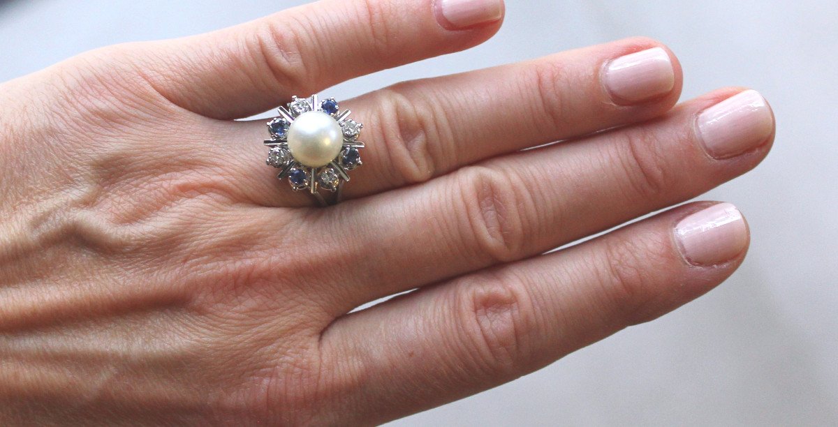 Gold, Sapphires, Diamonds And Akoya Cultured Pearl Ring-photo-5