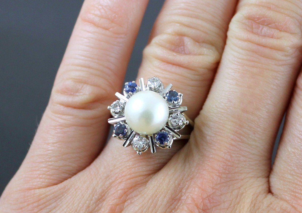 Gold, Sapphires, Diamonds And Akoya Cultured Pearl Ring