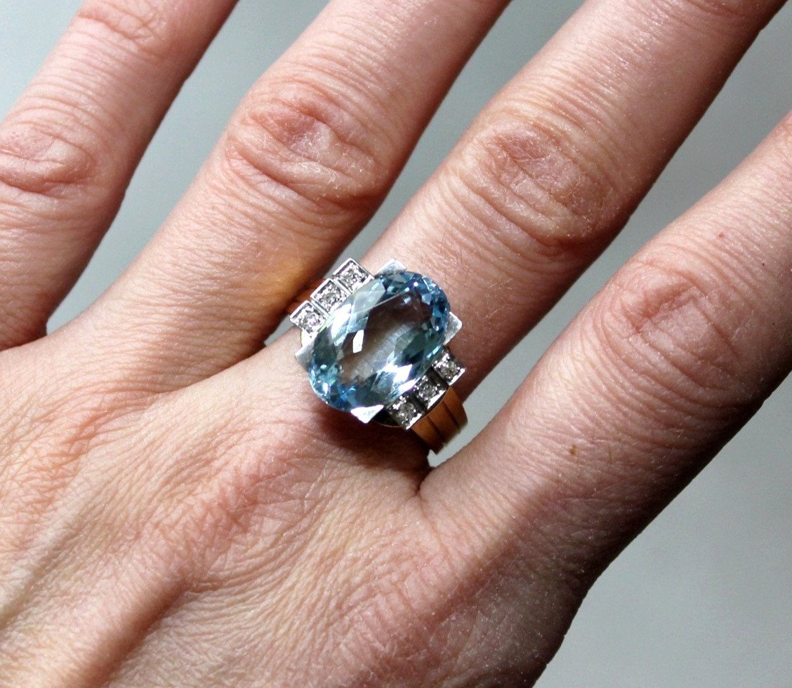 Gold And Platinum Ring, Aquamarine And Diamonds-photo-2