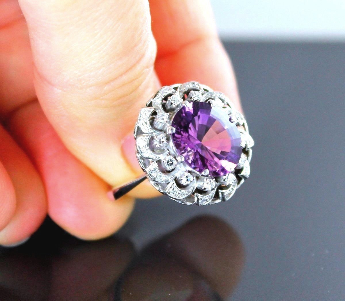 Bague Or,  Amethyste Et Diamants