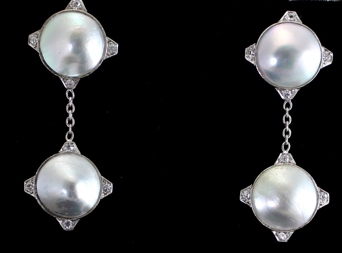 Boucles Or Et Platine - Perle Mabé- Diamants -longueur 4 Cm-photo-2