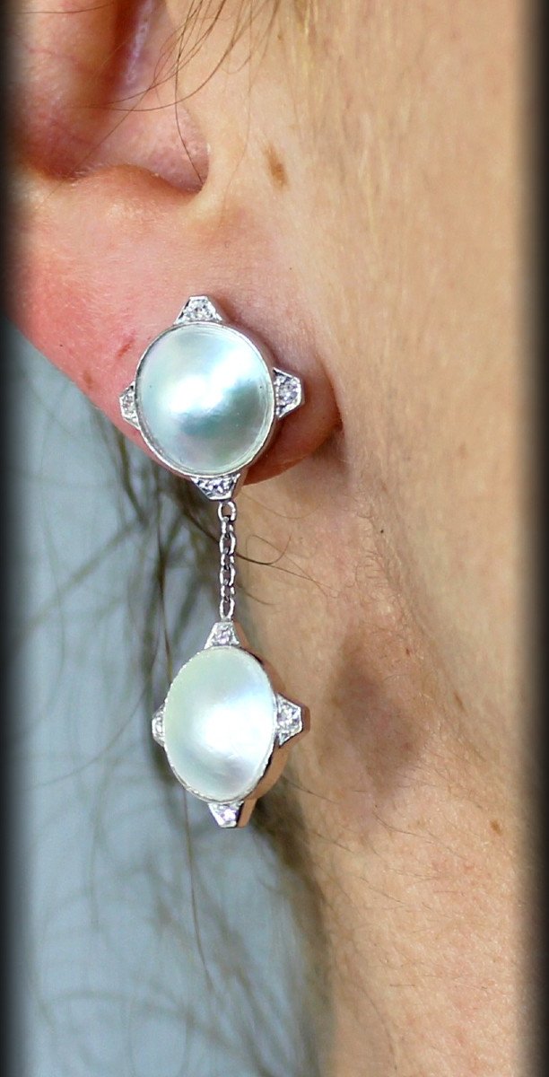 Boucles Or Et Platine - Perle Mabé- Diamants -longueur 4 Cm-photo-1