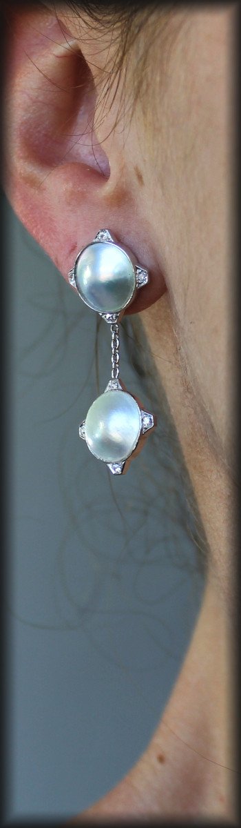 Boucles Or Et Platine - Perle Mabé- Diamants -longueur 4 Cm