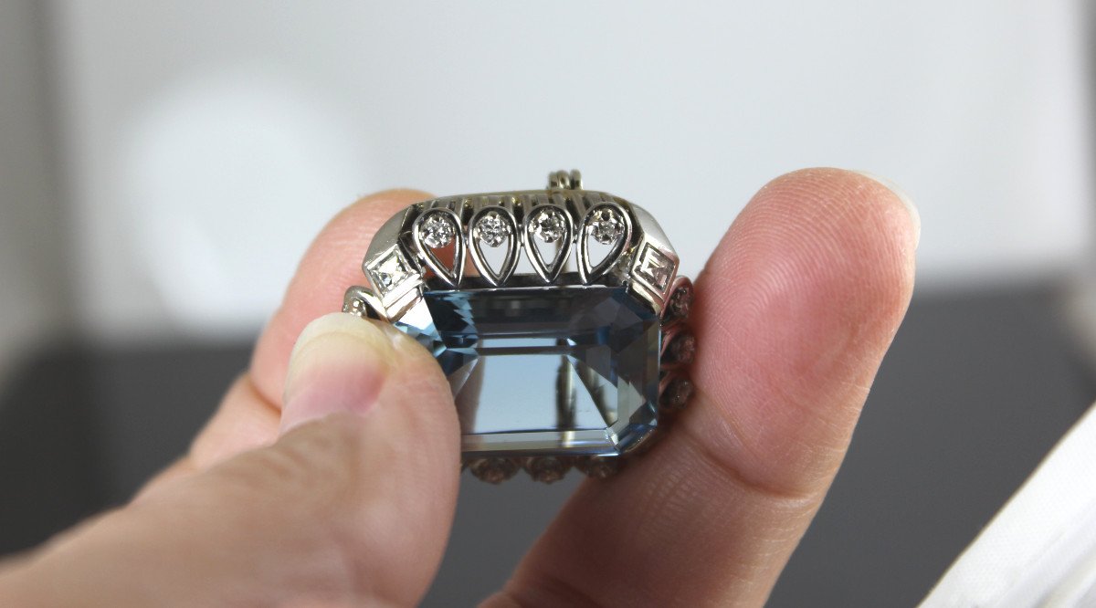 Aquamarine (+/-18 Ct) And Diamond Brooch-photo-3