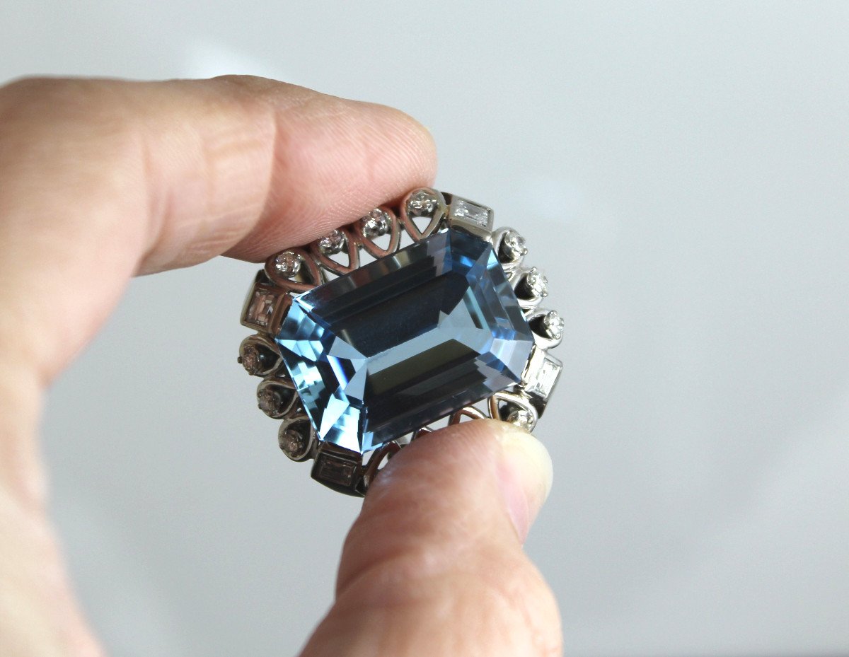 Aquamarine (+/-18 Ct) And Diamond Brooch-photo-7