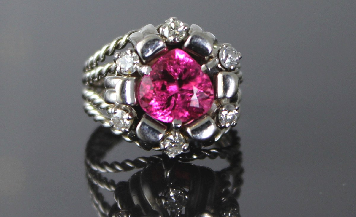 Gold And Platinum Ring - Tourmaline And Diamonds-photo-2