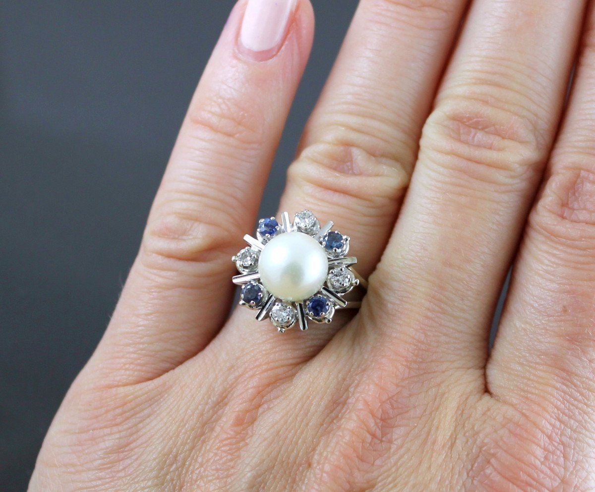 Gold, Sapphires, Diamonds And Akoya Cultured Pearl Ring-photo-2